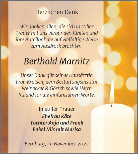 Traueranzeige von Berthold Marnitz von Trauerkombi Bernburg