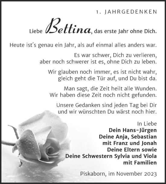 Traueranzeige von Bettina  von Trauerkombi Mansfelder Land