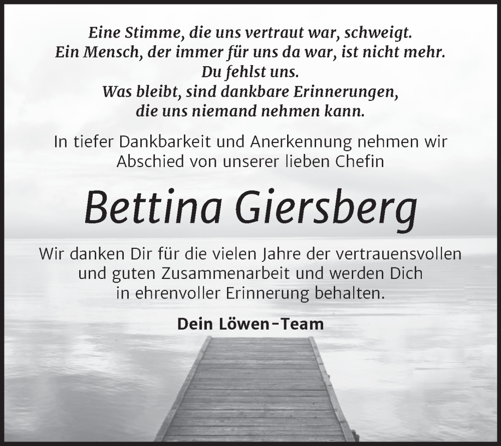  Traueranzeige für Bettina Giersberg vom 25.11.2023 aus Trauerkombi Quedlinburg
