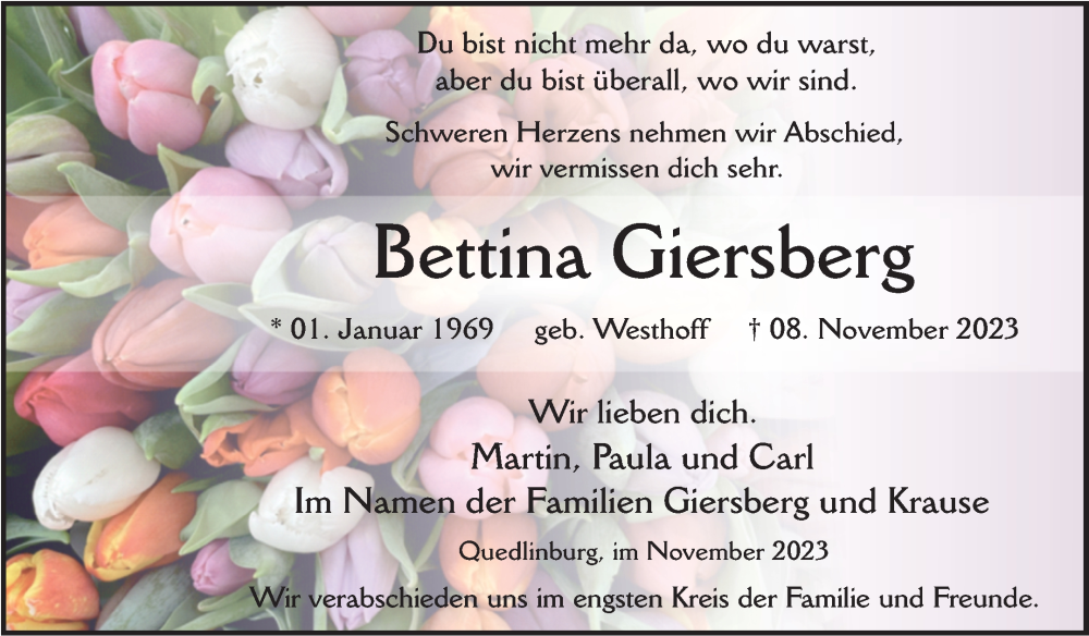  Traueranzeige für Bettina Giersberg vom 18.11.2023 aus Trauerkombi Quedlinburg
