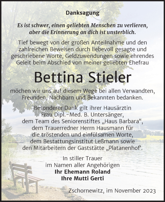 Traueranzeige von Bettina Stieler von Trauerkombi Wittenberg