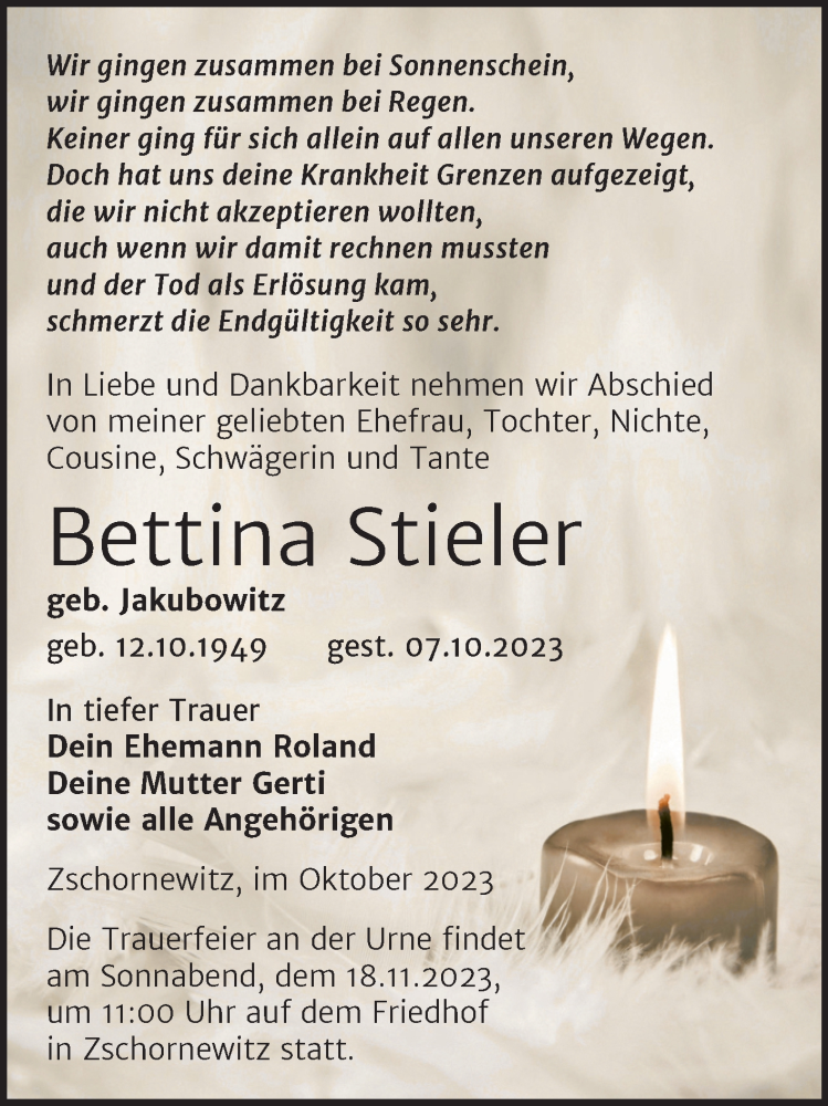  Traueranzeige für Bettina Stieler vom 04.11.2023 aus Trauerkombi Wittenberg