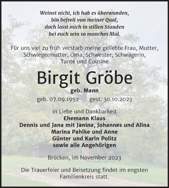 Traueranzeige von Birgit Gröbe von Trauerkombi Sangerhausen