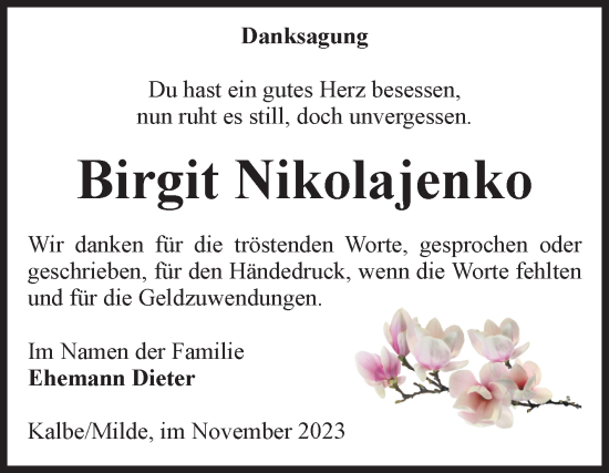 Traueranzeige von Birgit Nikolajenko von Volksstimme Altmark West