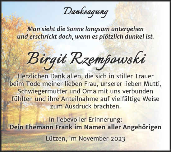 Traueranzeige von Birgit Rzempowski von Trauerkombi Weißenfels