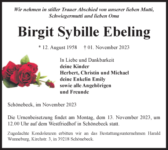 Traueranzeige von Birgit Sybille Ebeling von Volksstimme Schönebeck