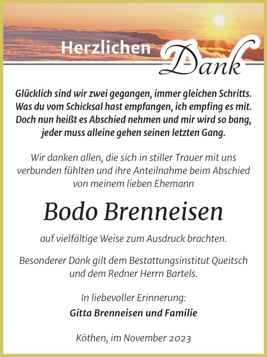 Traueranzeige von Bodo Brenneisen von Trauerkombi Köthen