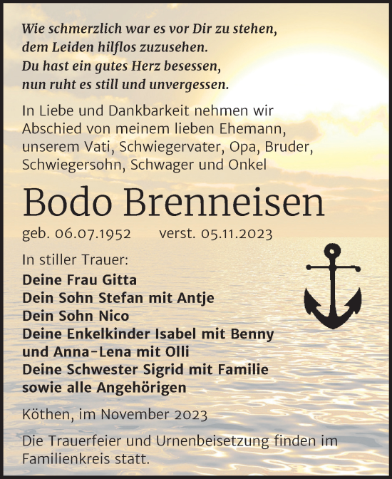 Traueranzeige von Bodo Brenneisen von Trauerkombi Köthen