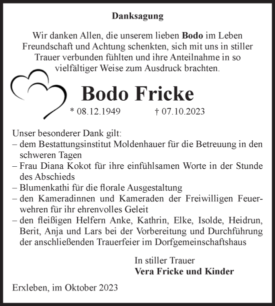 Traueranzeige von Bodo Fricke von Volksstimme Altmark Ost