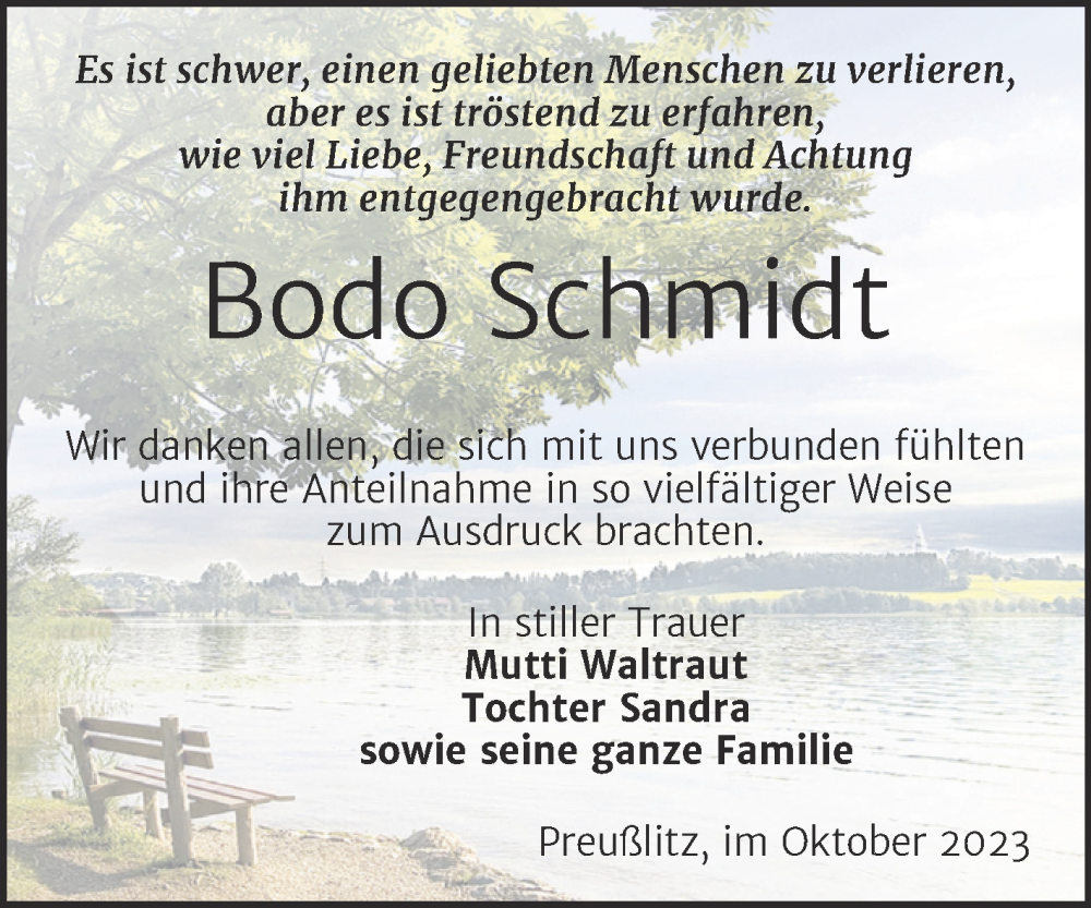  Traueranzeige für Bodo Schmidt vom 04.11.2023 aus Trauerkombi Bernburg