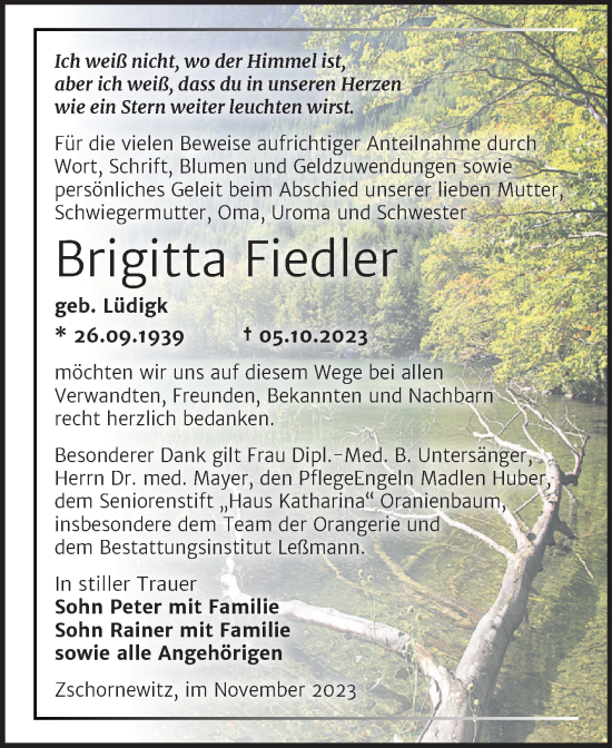 Traueranzeige von Brigitta Fiedler von Trauerkombi Wittenberg