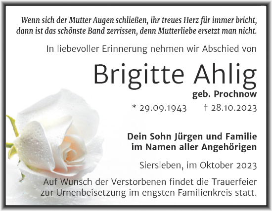 Traueranzeige von Brigitte Ahlig von Trauerkombi Mansfelder Land