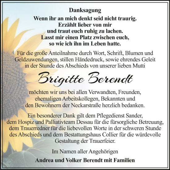 Traueranzeige von Brigitte Berendt von Trauerkombi Dessau