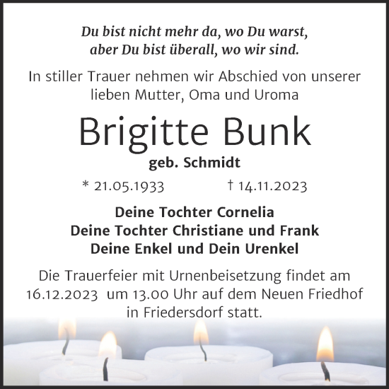 Traueranzeige von Brigitte Bunk von Trauerkombi Bitterfeld