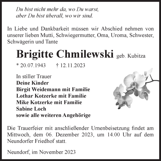 Traueranzeige von Brigitte Chmilewski 