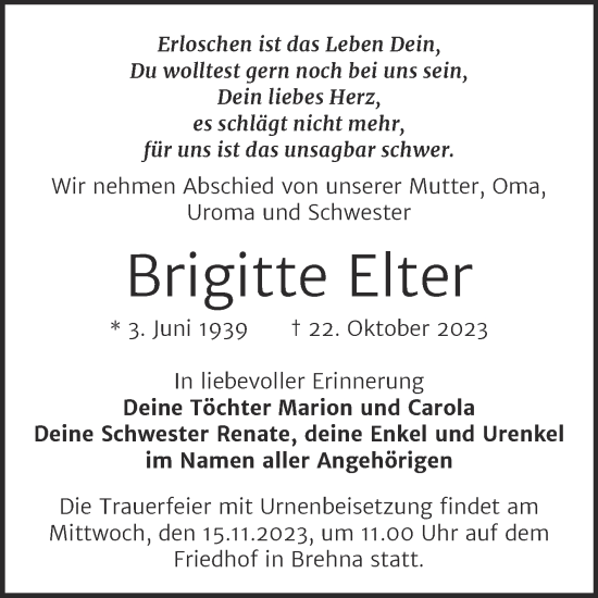 Traueranzeige von Brigitte Elter von Mitteldeutsche Zeitung Bitterfeld