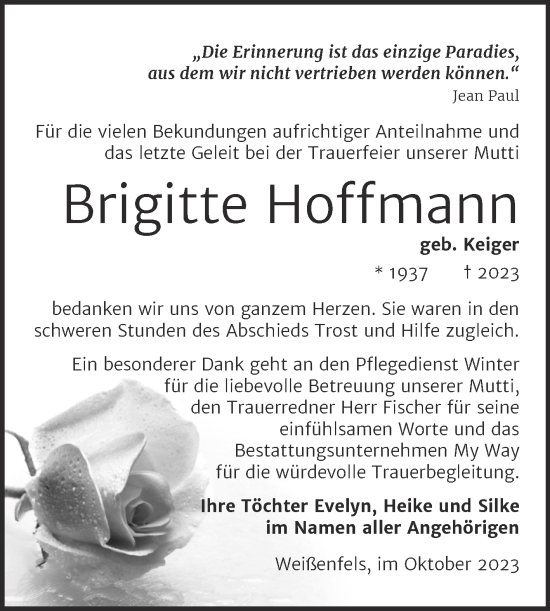 Traueranzeige von Brigitte Hoffmann von Trauerkombi Weißenfels