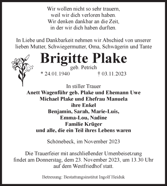 Traueranzeige von Brigitte Plake von Volksstimme Schönebeck