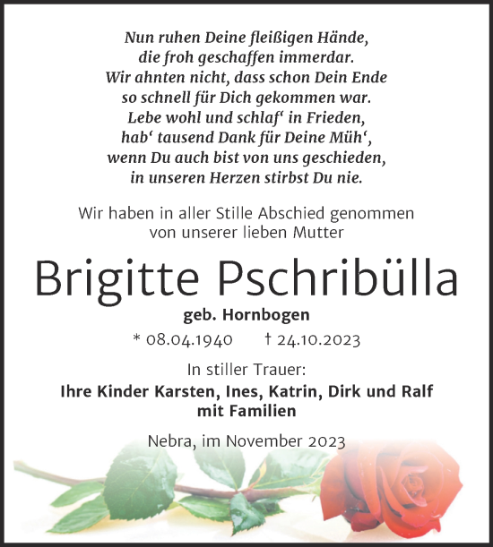 Traueranzeige von Brigitte Pschribülla von Wochenspiegel Naumburg/Nebra