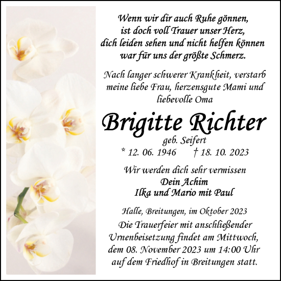 Traueranzeige von Brigitte Richter von Trauerkombi Sangerhausen