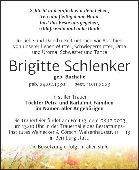 Traueranzeige von Brigitte Schlenker von Trauerkombi Bernburg