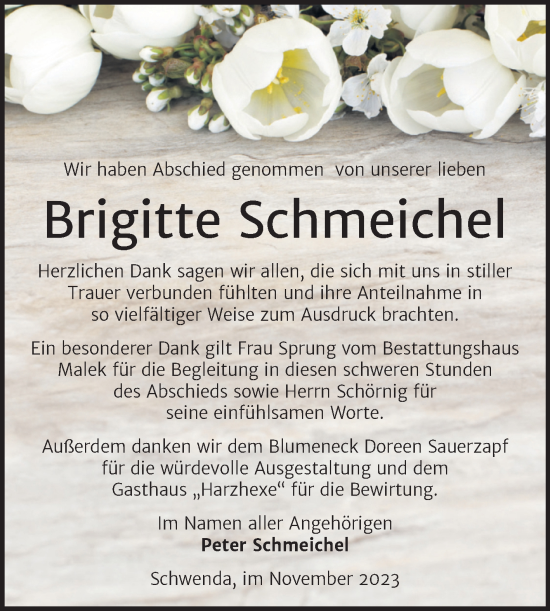 Traueranzeige von Brigitte Schmeichel von Trauerkombi Sangerhausen