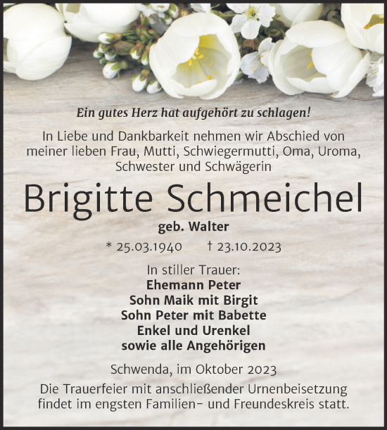 Traueranzeige von Brigitte Schmeichel von Trauerkombi Sangerhausen