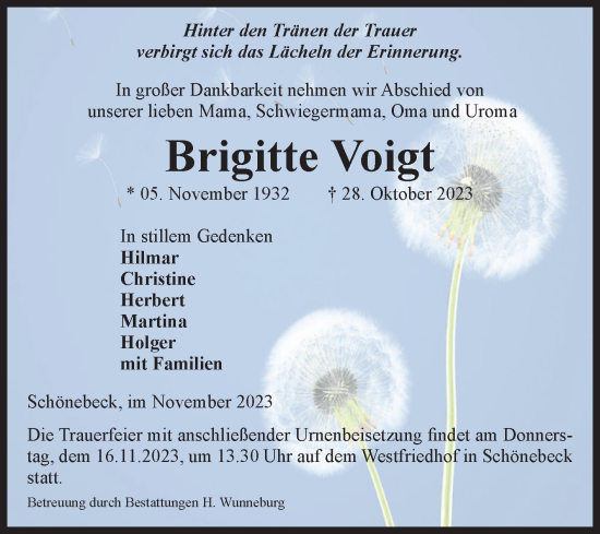 Traueranzeige von Brigitte Voigt von Volksstimme Schönebeck