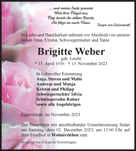 Traueranzeige von Brigitte Weber von Volksstimme Staßfurt