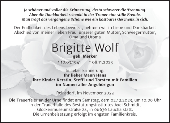 Traueranzeige von Brigitte Wolf von Wochenspiegel Naumburg/Nebra