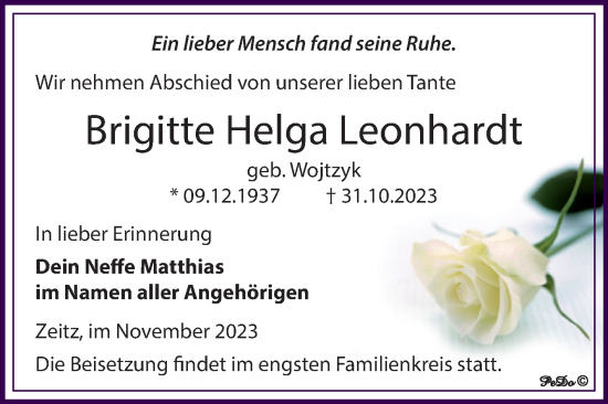 Traueranzeige von Brigitte Helga Leonhardt von Trauerkombi Zeitz