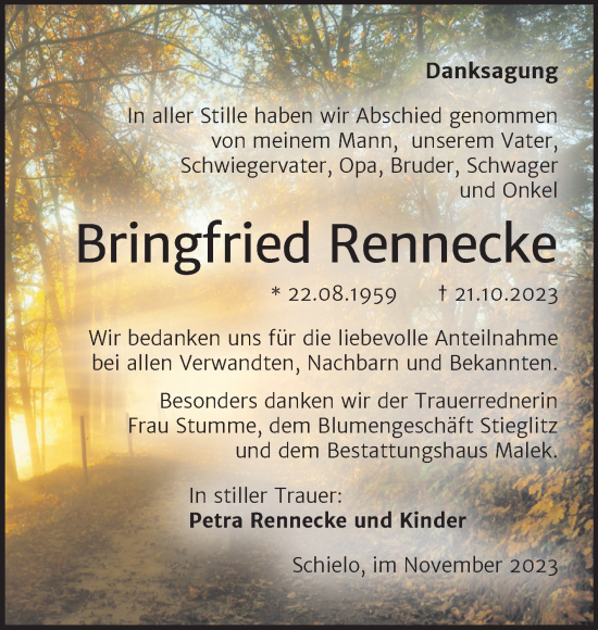 Traueranzeige von Bringfried Rennecke von Trauerkombi Quedlinburg