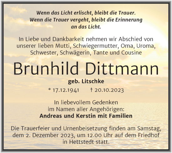 Traueranzeige von Brunhild Dittmann von Trauerkombi Mansfelder Land