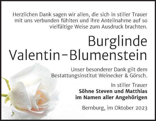 Traueranzeige von Burglinde Valentin-Blumenstein von Trauerkombi Bernburg