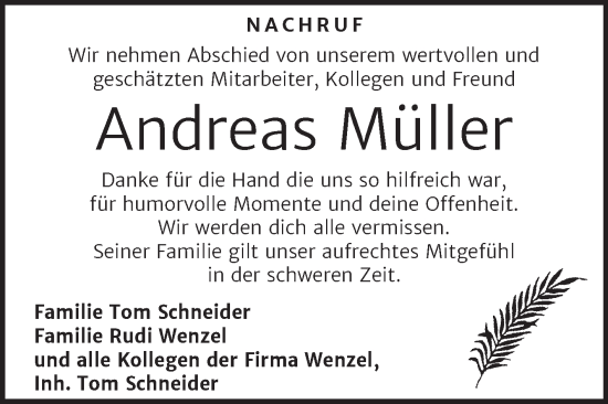Traueranzeige von Andreas Müller von Super Sonntag Aschersleben
