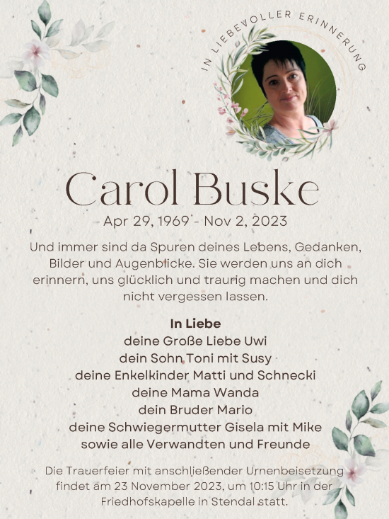 Traueranzeige von Carol Buske von Volksstimme Altmark Ost