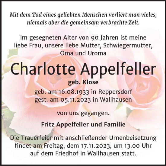 Traueranzeige von Charlotte Appelfeller von Trauerkombi Sangerhausen