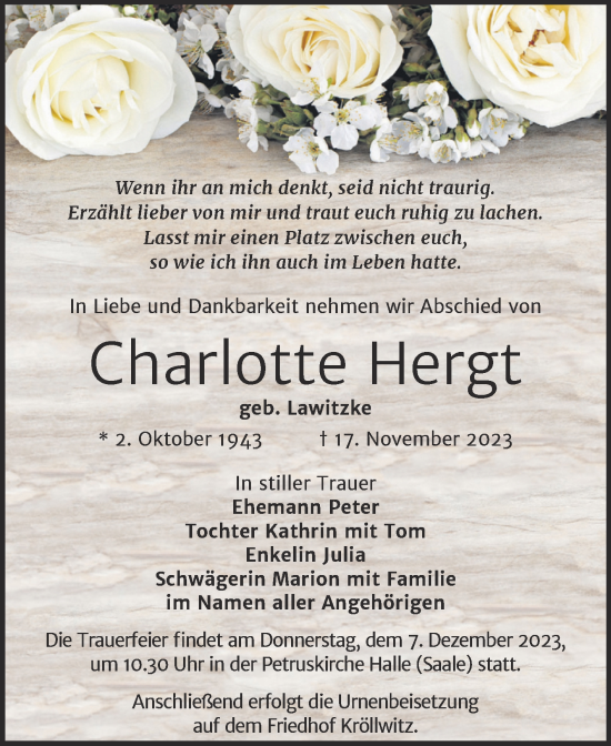 Traueranzeige von Charlotte Hergt von Mitteldeutsche Zeitung Halle/Saalkreis