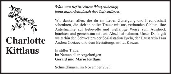 Traueranzeige von Charlotte Kittlaus von Volksstimme Staßfurt