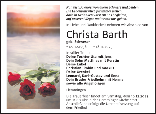 Traueranzeige von Christa Barth von Naumburger Tageblatt