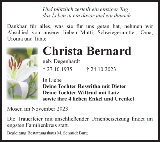 Traueranzeige von Christa Bernard von Volksstimme Burg/Genthin