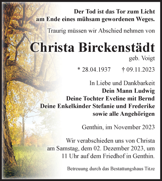 Traueranzeige von Christa Birckenstädt von Volksstimme Burg/Genthin