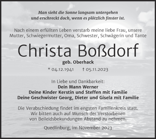 Traueranzeige von Christa Boßdorf von Trauerkombi Quedlinburg