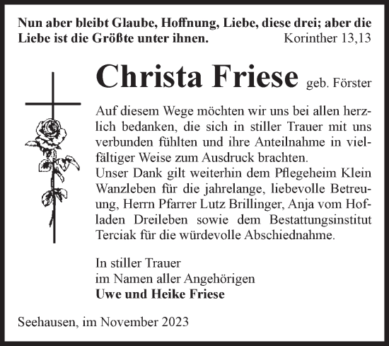 Traueranzeige von Christa Friese von Volksstimme Oschersleben/Wanzleben