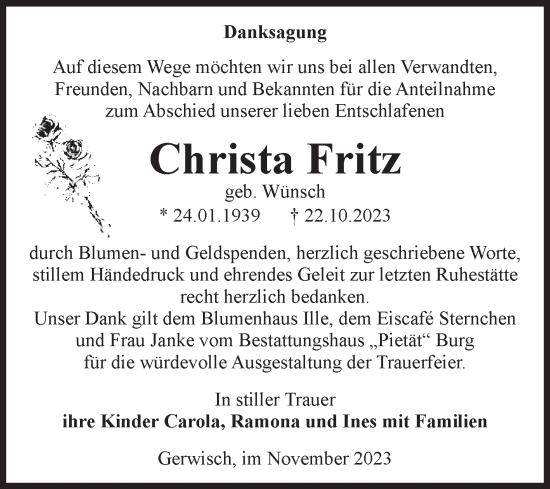 Traueranzeige von Christa Fritz von Volksstimme Burg/Genthin