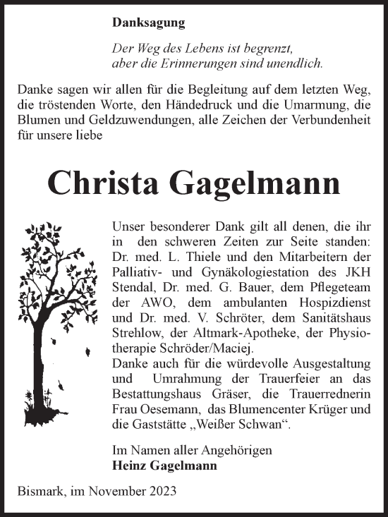 Traueranzeige von Christa Gagelmann von Volksstimme Altmark Ost