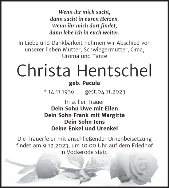 Traueranzeige von Christa Hentschel von Trauerkombi Wittenberg
