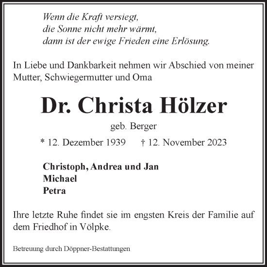 Traueranzeige von Christa Hölzer von Volksstimme Oschersleben/Wanzleben