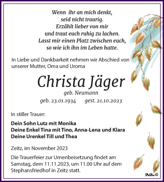 Traueranzeige von Christa Jäger von Trauerkombi Zeitz