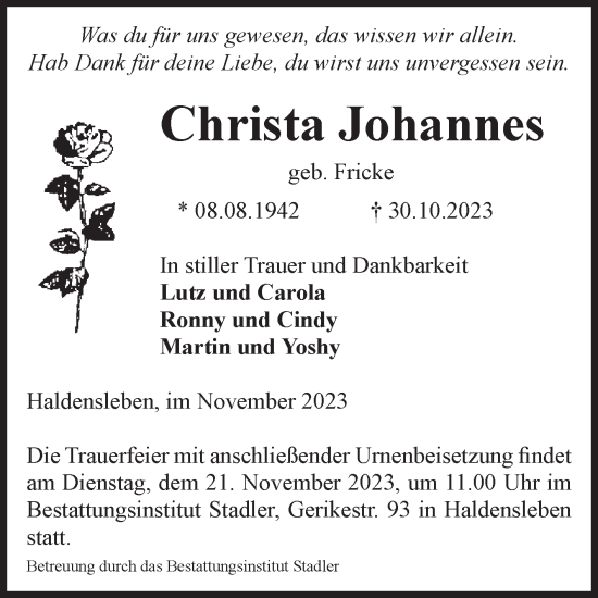 Traueranzeige von Christa Johannes von Volksstimme Haldensleben/Wolmirstedt
